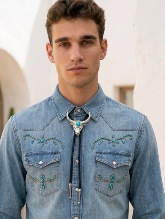 Other - Western Bull Skull Bolo Tie Necklace Turquoise Gothic Cowboy Jewelry Unisex
